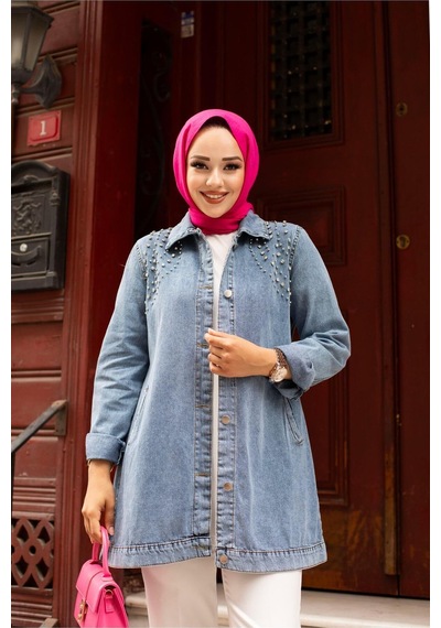 Harman Butik Kadın Kristal Taş Detaylı Denim Kot Ceket Mavi Mavi