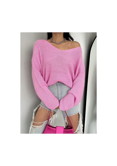 Fiolin Kadın Pembe V Yaka Selanik Örgü Oversize Triko Kazak
