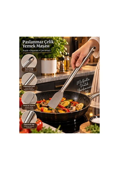 Paslanmaz Çelik Geniş Uçlu Mutfak Spatulası Ergonomik Saplı Çok Amaçlı Pişirme Aparatı Gri