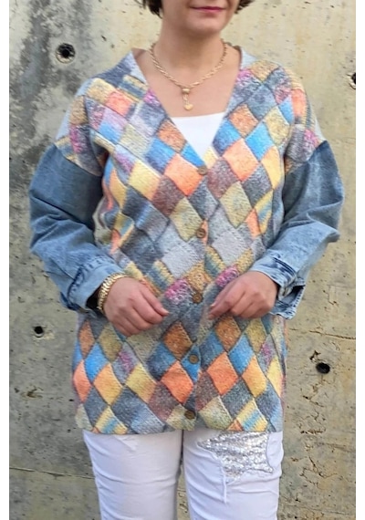 Mia Butik Büyük Beden Rengarenk Baklava Desenli Hırka Rengarenk