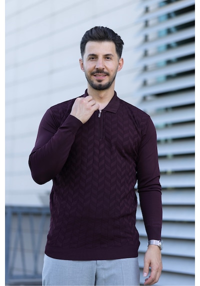 Hk Premium Erkek Triko Kazak Zikzak Desenli Polo Yaka Fermuarlı Slim Fit Bordo