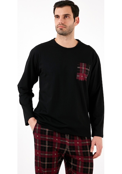 Buratti Ekoseli Cepli Beli Lastikli % 100 Pamuk Regular Fit Erkek Pijama Takımı 6572001 Siyah-Bordo