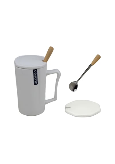 Mermer Tasarımlı Kapaklı Kaşıklı Sıcak Tutan Kupa Bardak Fincan Mug Mini Motivasyon Termos 330 Ml. Beyaz