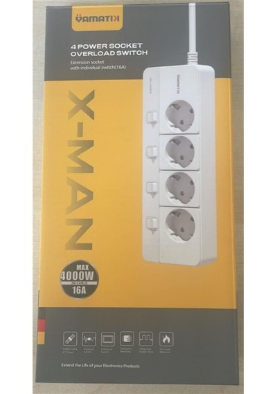 Yamatik X-man-104 A-class 4'lü Ayrı Anahtarlı 2 Metre Akım Korumalı Grup Priz 1400 Joule 2 M