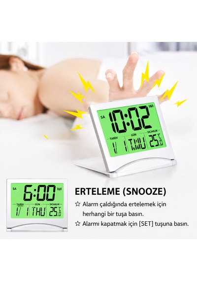 Dijital Seyahat Alarm Saati, Lcd Ekranlı, Arka Aydınlatmalı, Takvimli, Sıcaklık Göstergeli, Ev Ve Yatak Odası Için Katlanabilir Alar Açık Gri