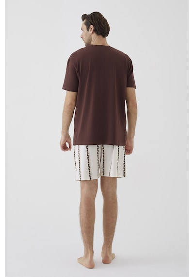 Erkek Kısa Kollu Pamuklu Ayıcık Desenli Şortlu Pijama Takımı Ke30308 Ekru