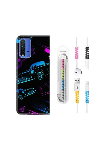 Xiaomi Redmi 9T Kılıf +Kablo Koruyucu Cars Neon 1618