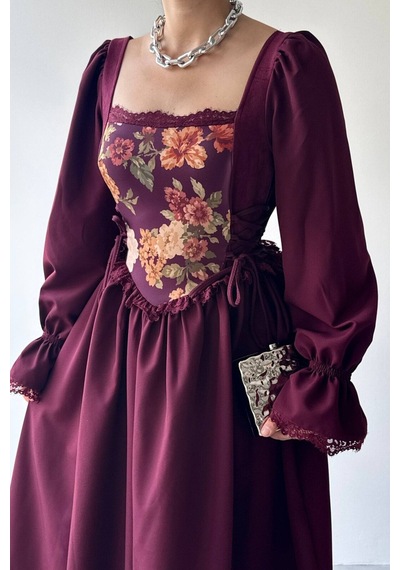 Nils Boutique Vintage Korsajlı Midi Elbise Bordo