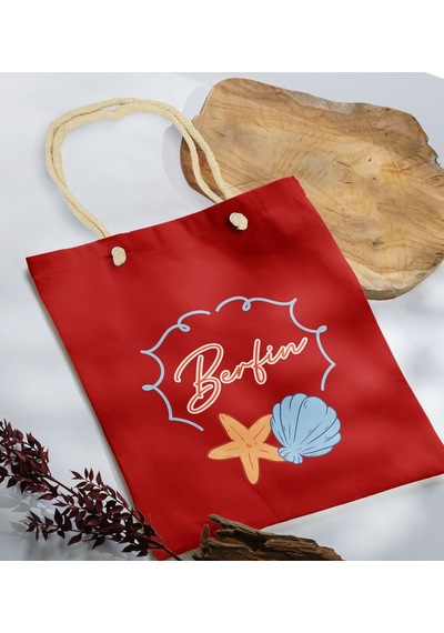 Bk Gift Kişiye Özel Yaz Temalı İsimli Kırmızı Halat Saplı Kumaş Plaj Çantası -3, Baskılı Omuz Çantası, Alışveriş Çantası, Arkadaşa Hediye, Sevgiliye H Haki