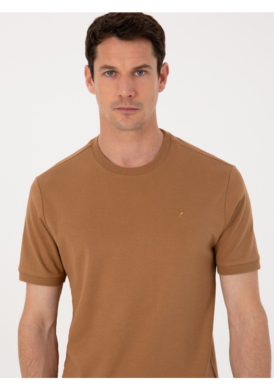 Kahverengi Regular Fit %100 Pamuk Bisiklet Yaka Basic T-shirt HARDAL