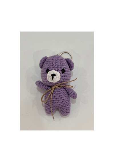 El Yapımı Amigurumi Ayıcık Anahtarlık - Örgü Figür, Jüt Fiyonklu 9-10 Cm Mor Mor