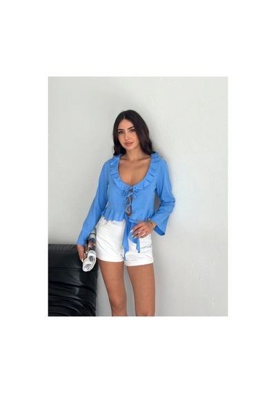 Butik İstanbul Keten Uzun Kol Bağacık Detaylı Bluz - Mavi
