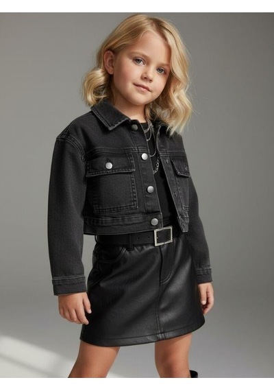 Zekids Kız Çocuk Cepli Crop Kot Ceket-16683 Siyah