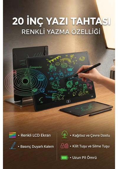 Zenvia 20 Inc Renkli Lcd Grafik Dijital Kalemli Çizim Tableti Yazı Tahta Not Yazma Eğitim Tableti Siyah Znv2026