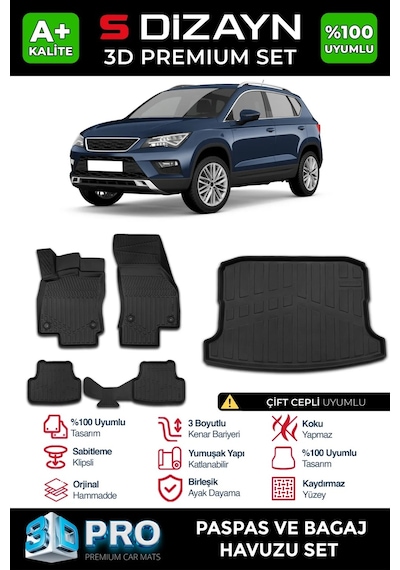 S-dizayn Seat Ateca 3d Pro Havuzlu Paspas Ve Çift Cepli Bagaj Havuzu Seti 2'li Set 2017-2020 A+ Ka