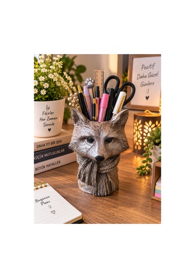 Dekoratif Tilki Figürlü Makyaj Fırçalığı Kalemlik Saksı Organizer Polyester 20x10 Cm Gümüş