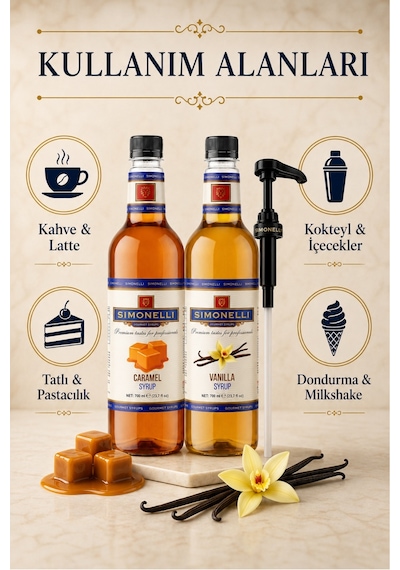 Simonelli Karamel + Vanilya Aromalı Gurme Şurup Paketi + Pompa Kahve ve Kokteyl Şurubu Seti 2 x 700 ML