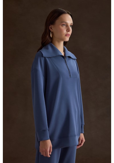 Aker Yakası Ve Yan Yırtmaçları Fermuarlı Modal Sweatshirt İndigo İndigo