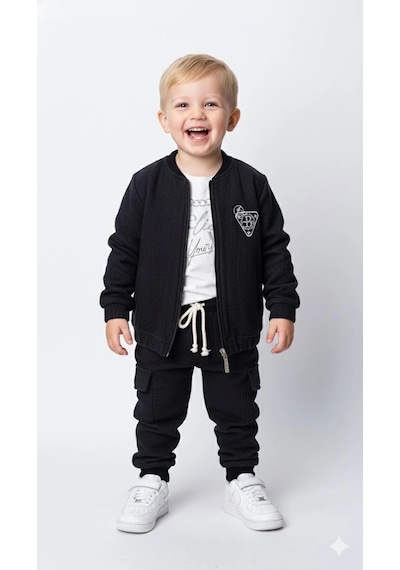 Bontino Erkek Çocuk Sweatshirt, Hırka Ve Pantolonlu %100 Pamuk 3'lü Spor Takım Siyah