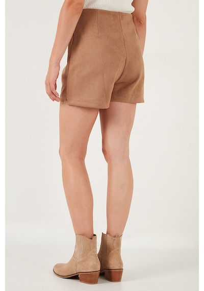 Lela  Asimetrik Kışlık Scuba Süet Düğme Detaylı Slim Fit Bayan Şort Etek 5865968 Vizon