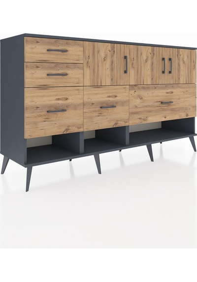 Hyperion Konsol 3 Raflı 5 Çekmeceli 3 Kapaklı 176x44x99 Antrasit- Antrasit-çam