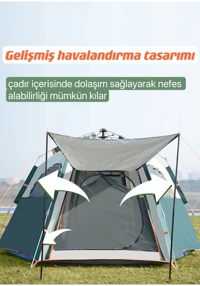 Tam Otomatik Su Ve Rüzgar Geçirmez Gölgelikli Altıgen Çadır Aile Çadırı 280 240 155 Cm Yeşil