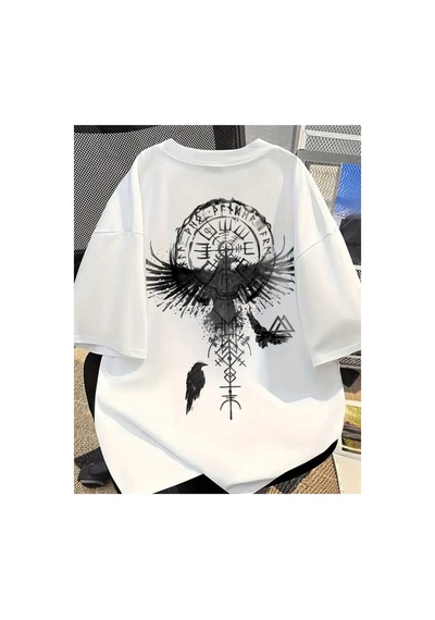 Panda Baskı Tekstil Viking Pusula Kuzgun Baskılı Özel Tasarım Oversize Tshirt Beyaz