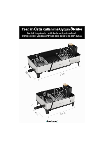 Inox Master Kd600 304 Paslanmaz Çelik Genişletilebilir Bulaşıklık Geniş Kapasiteli Tezgah Üstü Kurutmalık, Su Tahliye Tepsili Çok renkli