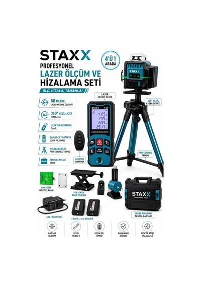 Staxx St4dlz Şarjlı Lazer Mesafe Ölçer 80m Lazer + 360 Derece Yeşil Lazer Hizalama Cihazı Seti