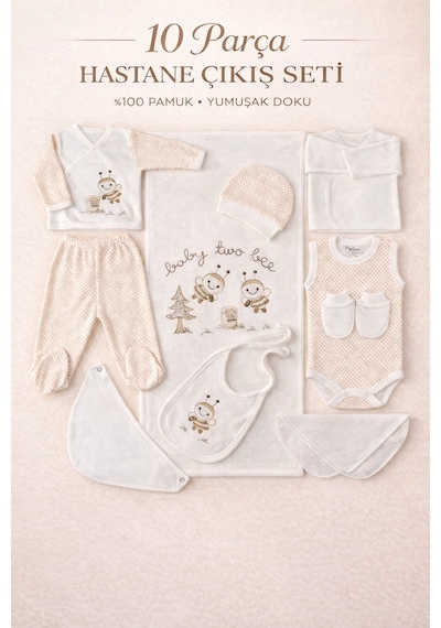 Petino Yenidoğan Hastane Çıkış Seti 10 Parça %100 Pamuk Nakışlı Bebek Seti Bej Unisex