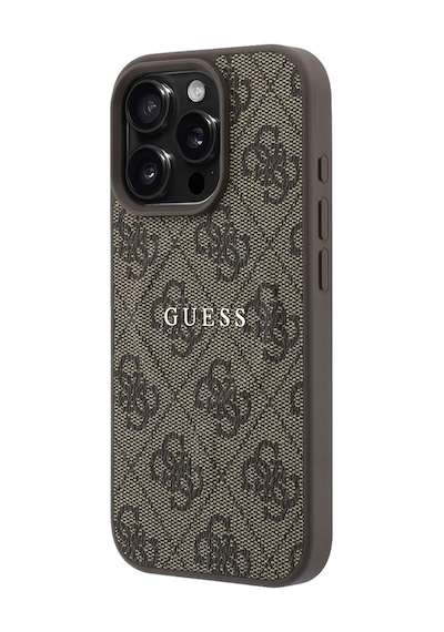 İphone 16 Pro Uyumlu Kılıf Guess Lisanslı M-safe Kabartmalı 4g Desenli Yazı Logolu Kapak Kahverengi