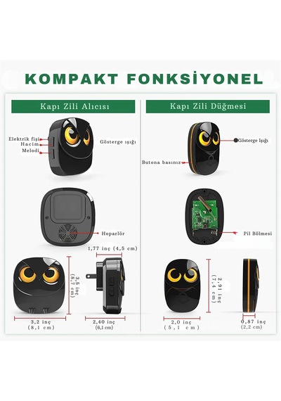 Monozone Lüx 1 Buton 1 Alıcı Kablosuz Kapı Zili Baykuş Şekilli