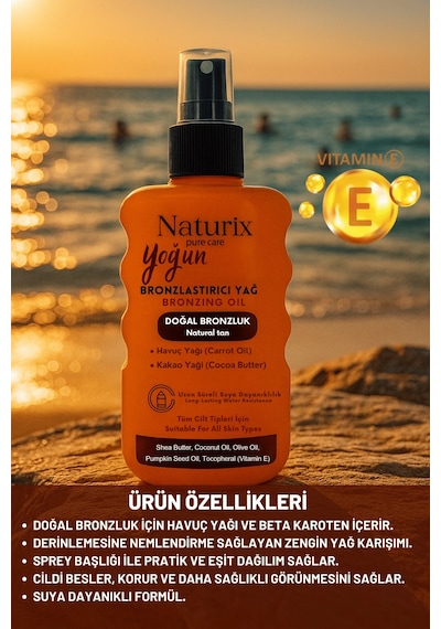Yoğun Bronzlaştırıcı Yağ Havuç & Kakao Yağı, Shea Butter, Vitamin E, Tüm Cilt Tiplerine Uygun Sprey 200 Ml