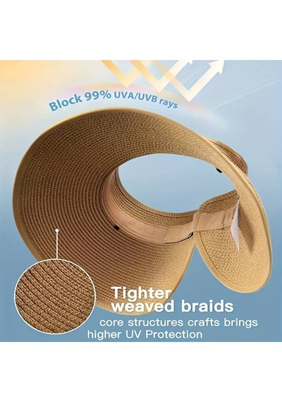 Shopiolog Kadın Geniş Siperli Uv Korumalı Fiyonklu Hasır Vizör Şapka Camel