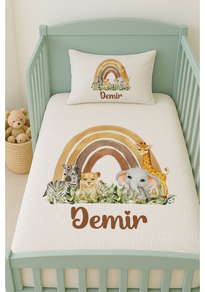 %100 Pamuk İsme Özel İsimli 100x150 Cm Pike Seti Gökkuşağı Safari