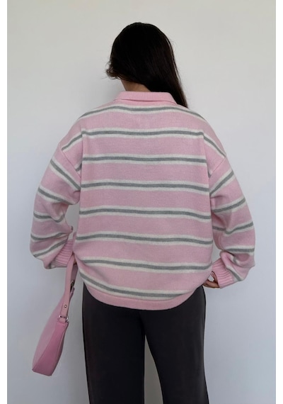 Madmext Pembe Polo Yaka Çizgili Kadın Triko Kazak Mg2469 Pembe