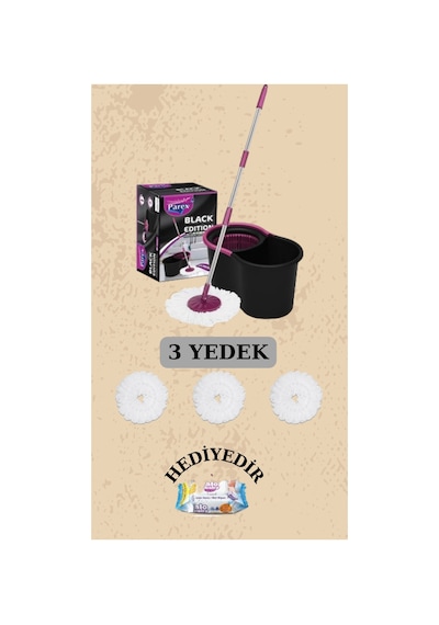 Black Edition Döner Başlıklı Temizlik Seti Ve 3 Adet Yedek Mop