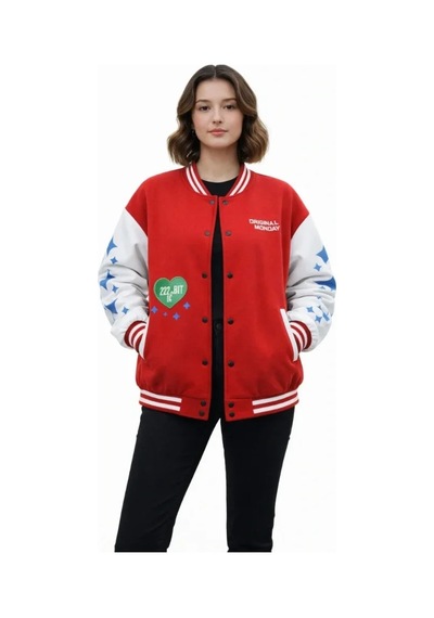 Kırmızı Varsity Çıtçıtlı Baskılı Oversize Kalıp Kolej Ceket - Kırmızı Kırmızı
