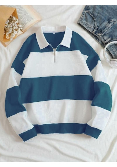 Altamira Unisex Çizgili Oversize Polo Yaka Yarım Fermuarlı Sweatshirt 001
