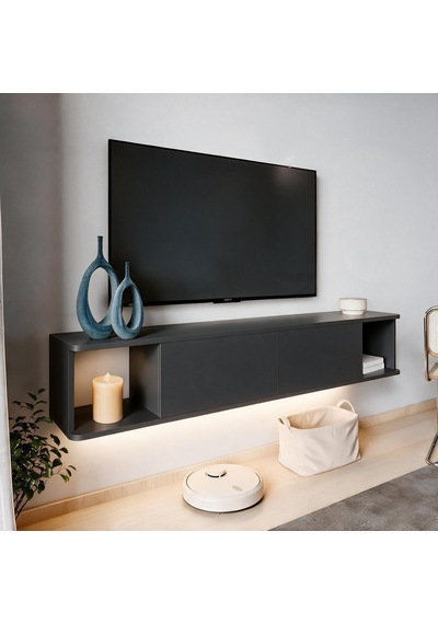 İnarch Dizayn Twist Led Işıklı Duvara Monte Tv Sehpası - 2 Kapaklı Antrasit