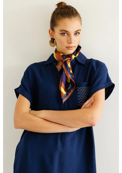 Desen Triko Kadın Polo Yaka Cebi Zincir Detaylı Elbise 25819 Indigo Indigo