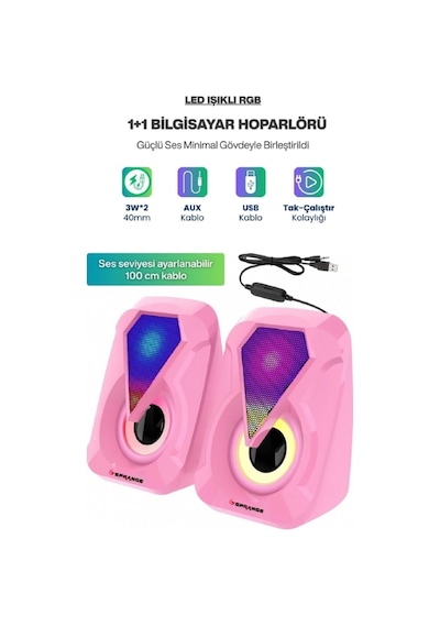 Sprange Sr-pn785 2.0 Rgb Işıklı Multimedia 5v 3w 2 Gaming Oyuncu Speaker -pembe