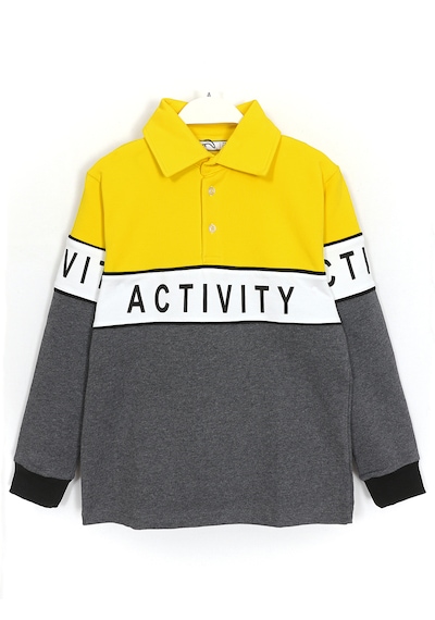 Dobakids Blok Renk Baskılı Polo Yaka Erkek Çocuk Sweatshirt Sarı 1983 Çok Renkli