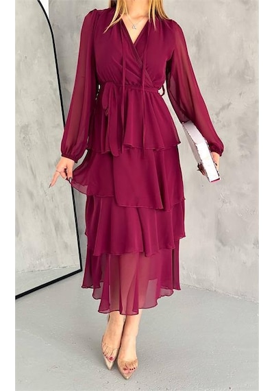 Dip Moda Kadın Astarlı Eteği Kat Kat Şifon Elbise Dpk2041 Bordo