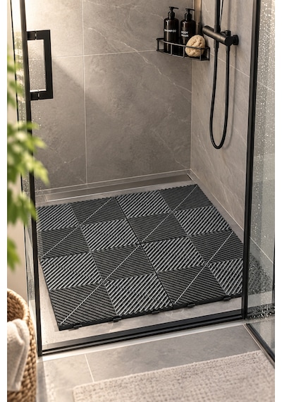Porsima 0775 Antrasit Geçmeli Plastik Yer Karosu 4'lü Set Kaymaz Izgaralı Balkon, Banyo & Teras Zemin Karo 40x40 Cm
