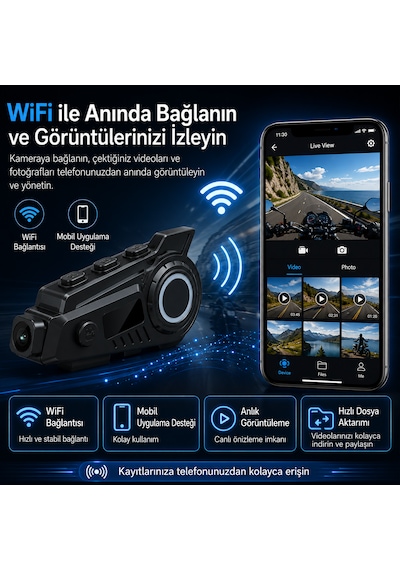 Motosiklet Kask Bluetooth Kulaklığı Kameralı Wifi Destekli Type-c Şarjlı Mikrofonlu Kask İçi Interkom Sistemi
