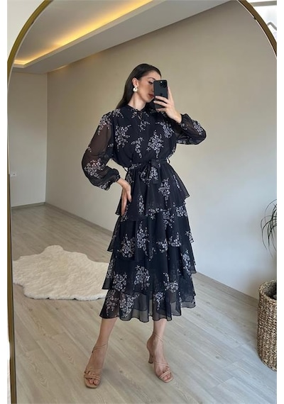 Neşeli Butik Kadın Çiçek Desenli Kat Kat Volanlı Şifon Elbise Nm014 Siyah