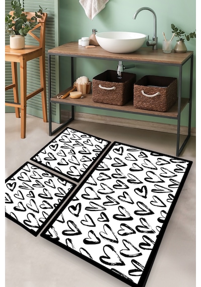 SMALL HEART DJT 3 LU SET Banyo Halısı Banyo Paspası Siyah