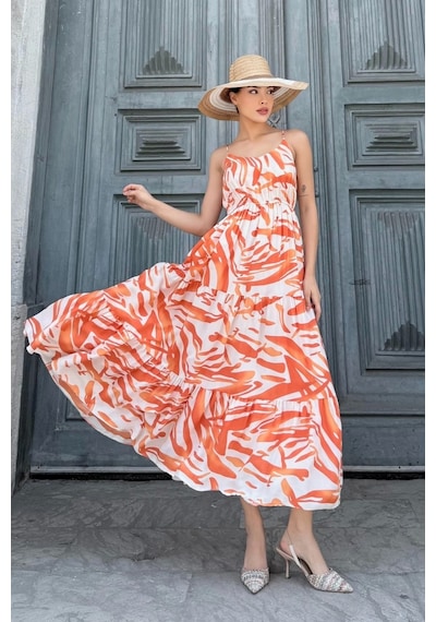 Beli Lastikli Askılı Viskon Elbise 6035-oranj Oranj