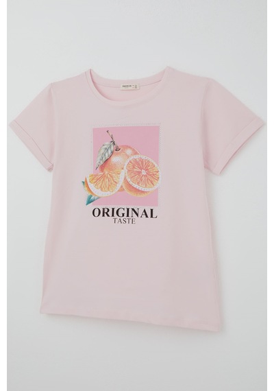 Breeze Kız Çocuk Kısa Kollu Tişört Narenciye Baskılı Taş Aksesuarlı 10-16 Yaş , Pembe